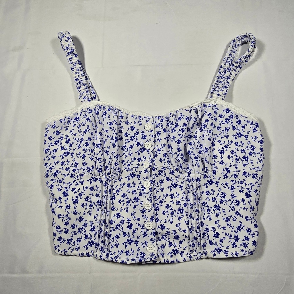Forever 21 Blue Floral Lace Trim Button Front Crop Cami Top Small Cottagecore